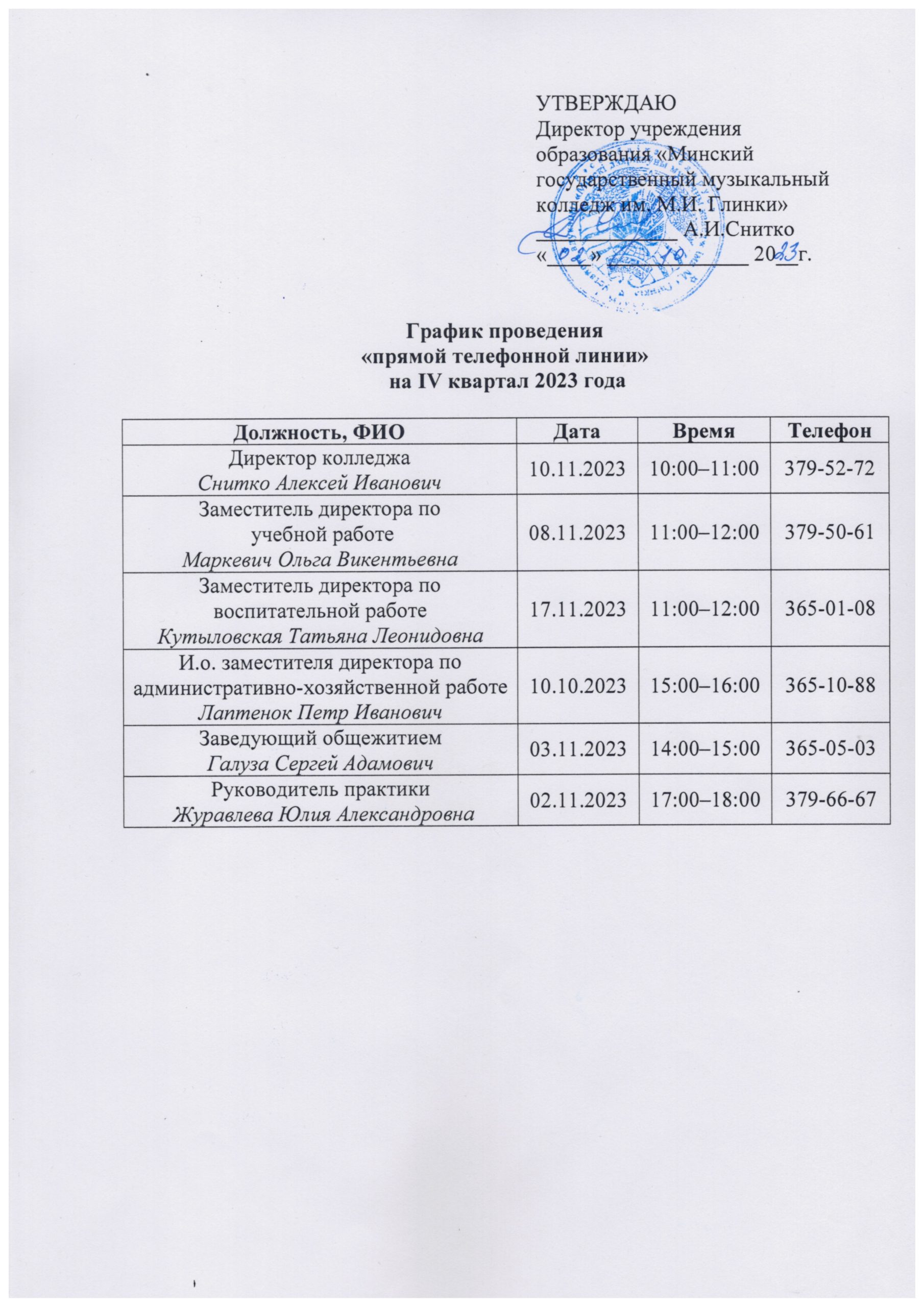 График проведения «прямой телефонной линии» на 4 квартал 2023 года «  Минский государственный музыкальный колледж имени М.И.Глинки